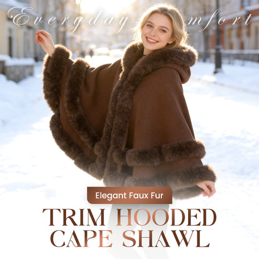 Elegant Faux Fur Trim Hooded Cape Shawl