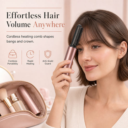 Skab volumen & perfekt pandehår hvor som helst – 50% på trådløs varm keramisk kam – Smart varmesikker – Kompakt & rejsevenlig – Perfekt til hurtig opfriskning på jobb, rejse & træning 💪💇‍♀️